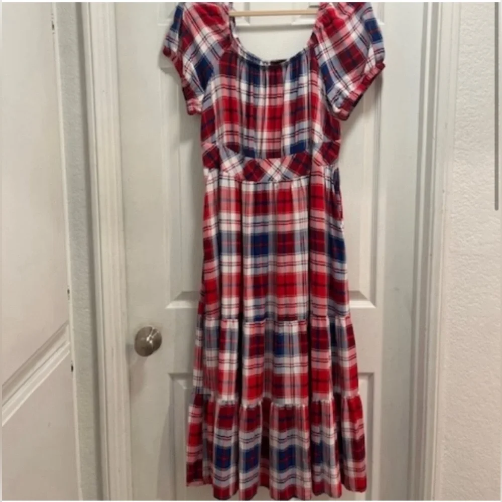 Torrid Puff Sleeve Tiered Midi Dress - Challis Plaid Red & Blue Sz14-16 (1X) EUC - Picture 3 of 14